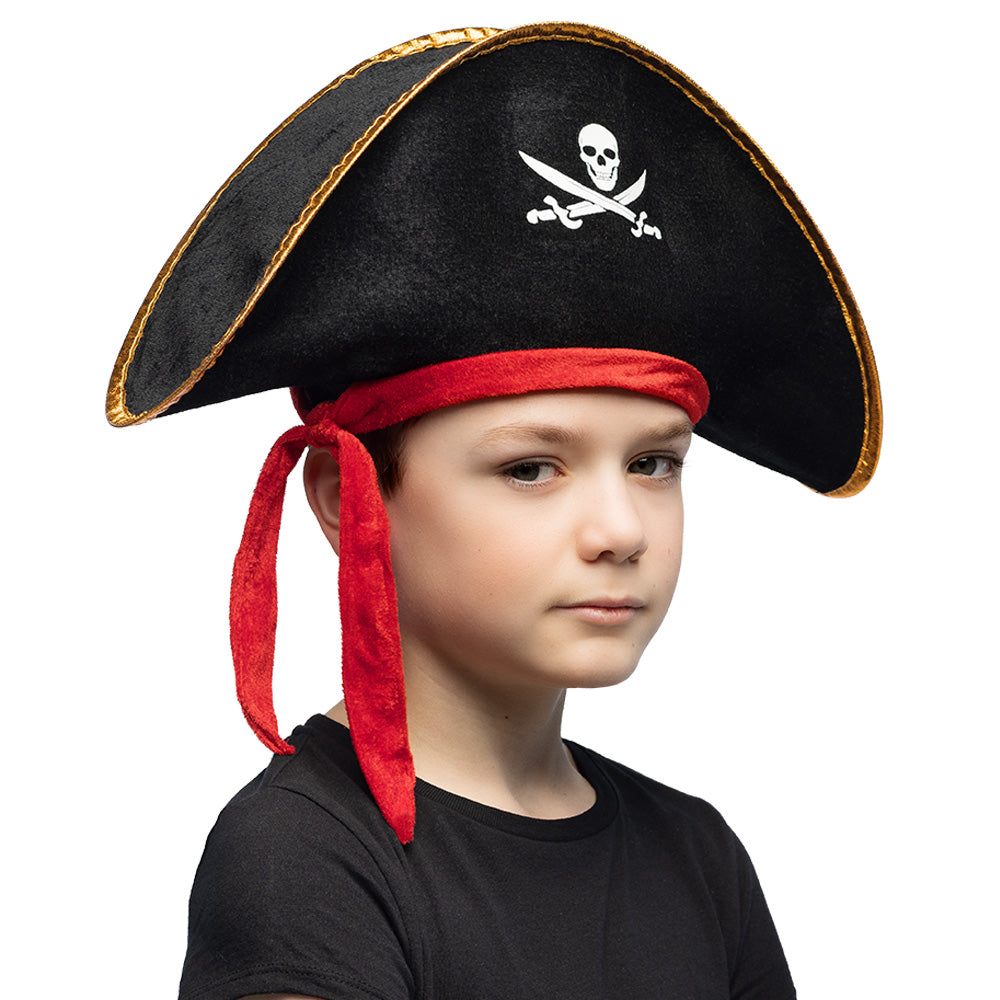 Chapeau Pirate Enfant Noir avec Crâne et Foulard Rouge