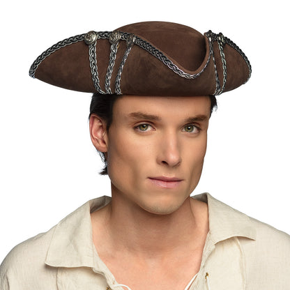 Chapeau Tricorne Pirate Marron avec Décoration Argentée