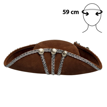 Chapeau Tricorne Pirate Marron avec Décoration Argentée
