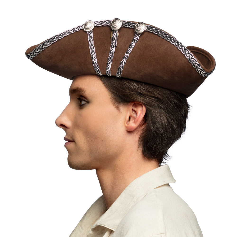 Chapeau Tricorne Pirate Marron avec Décoration Argentée