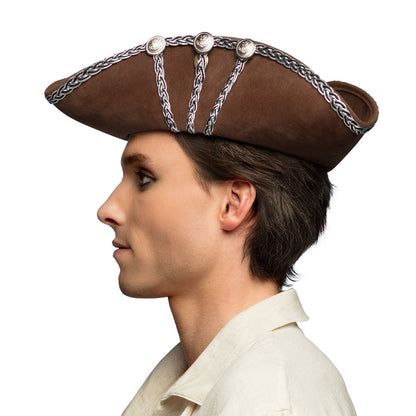 Chapeau Tricorne Pirate Marron avec Décoration Argentée