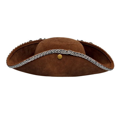 Chapeau Tricorne Pirate Marron avec Décoration Argentée