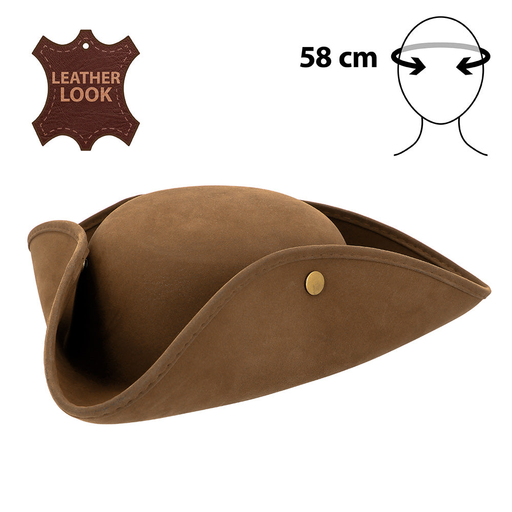 Chapeau Tricorne Cuir Marron - Accessoire Pirate & Colonial