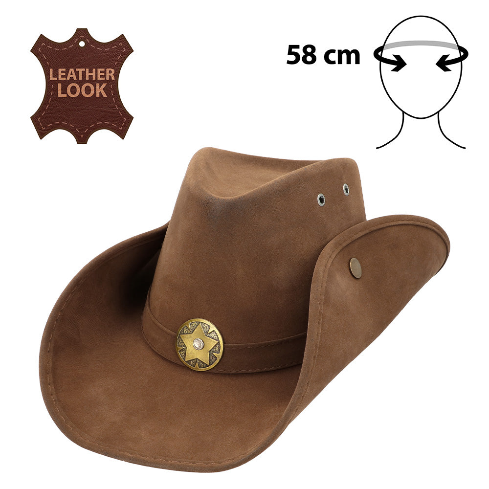 Chapeau Cowboy Marron Cuir - Accessoire Western Adulte 58cm