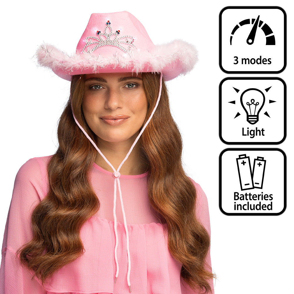 Chapeau Cowboy Rose LED Avec Tiare Paillettes - Accessoire Fête