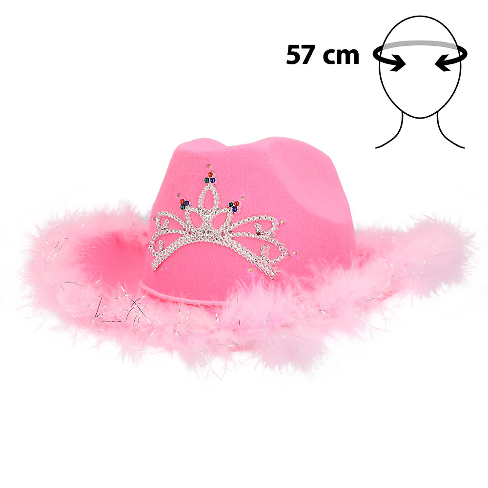 Chapeau Cowboy Rose LED Avec Tiare Paillettes - Accessoire Fête