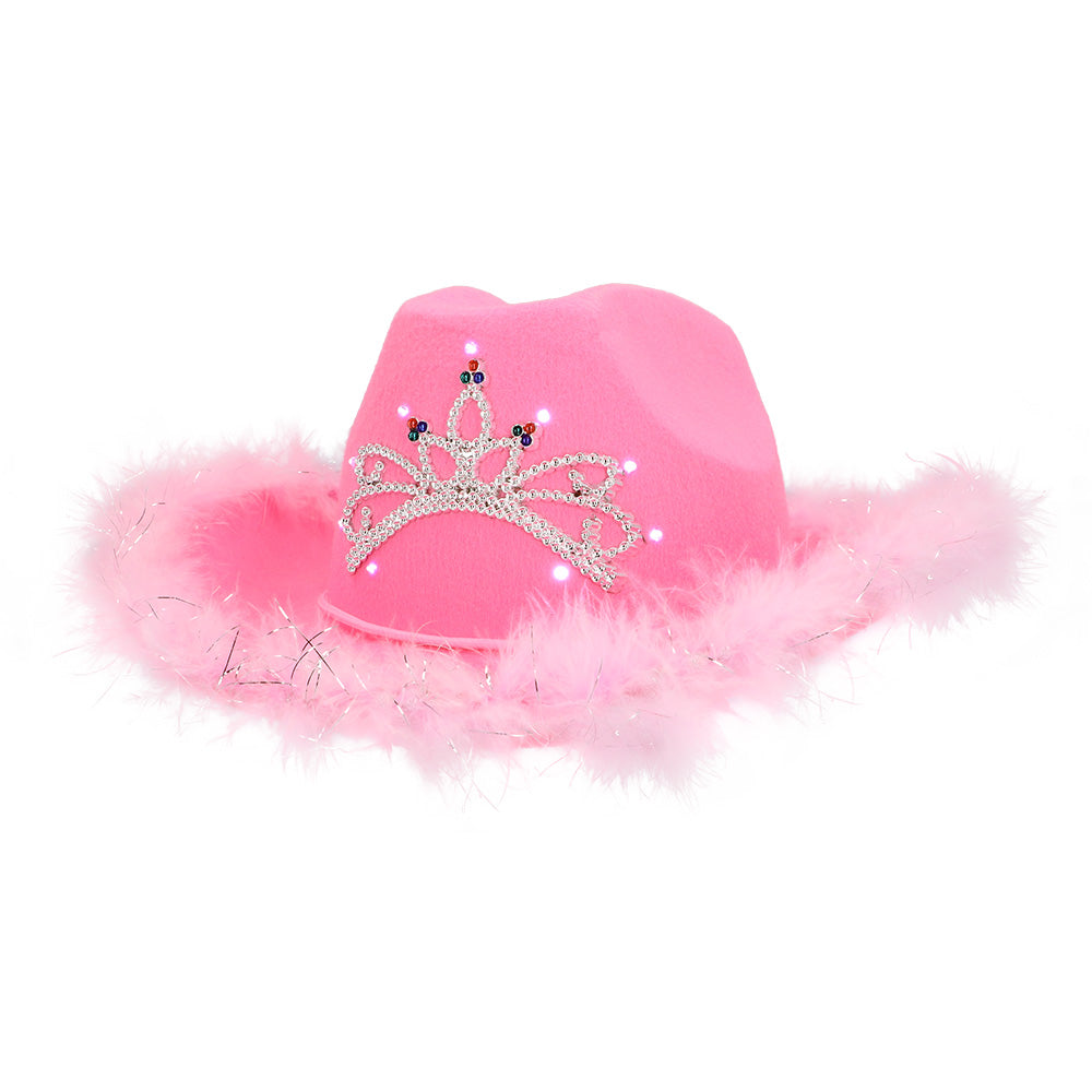 Chapeau Cowboy Rose LED Avec Tiare Paillettes - Accessoire Fête