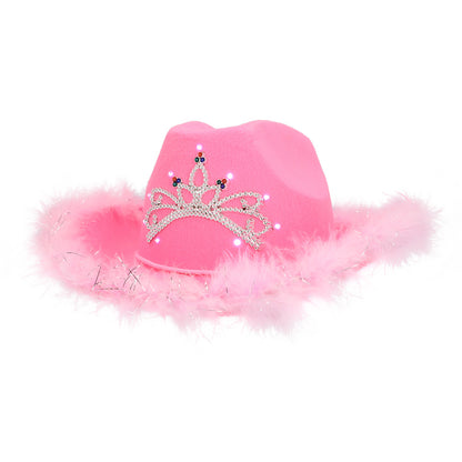 Chapeau Cowboy Rose LED Avec Tiare Paillettes - Accessoire Fête