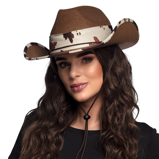 Chapeau Cowboy Marron Motif Vache - Accessoire Western Unisexe