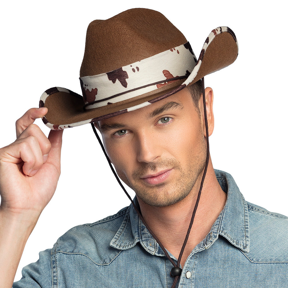 Chapeau Cowboy Marron Motif Vache - Accessoire Western Unisexe