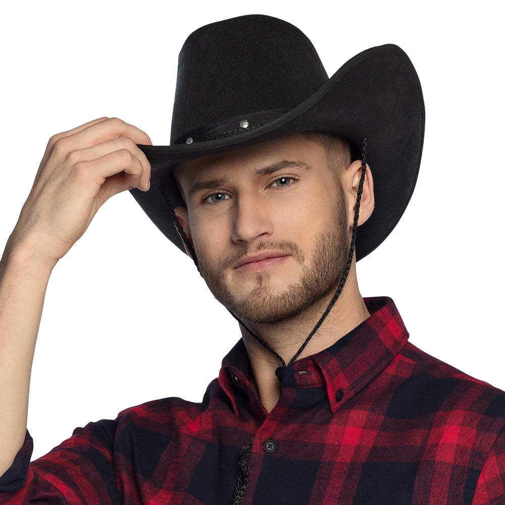 Chapeau Cowboy Noir avec Cordon - Accessoire Western Authentique