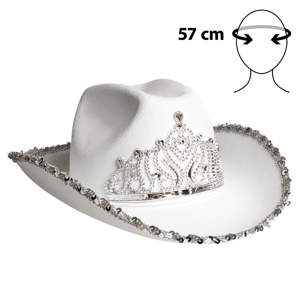 Chapeau Cowboy Blanc Luxe avec Tiare et Cordon Ajustable