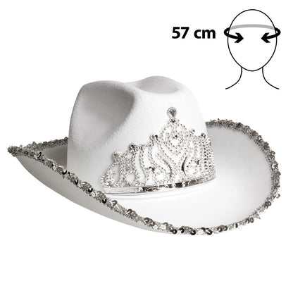 Chapeau Cowboy Blanc Luxe avec Tiare et Cordon Ajustable