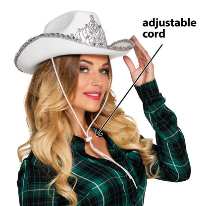 Chapeau Cowboy Blanc Luxe avec Tiare et Cordon Ajustable