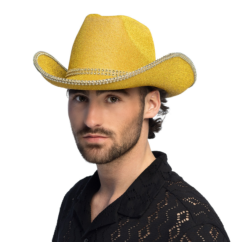 Chapeau Cowboy Paillettes Or avec Strass - Accessoire Soirée