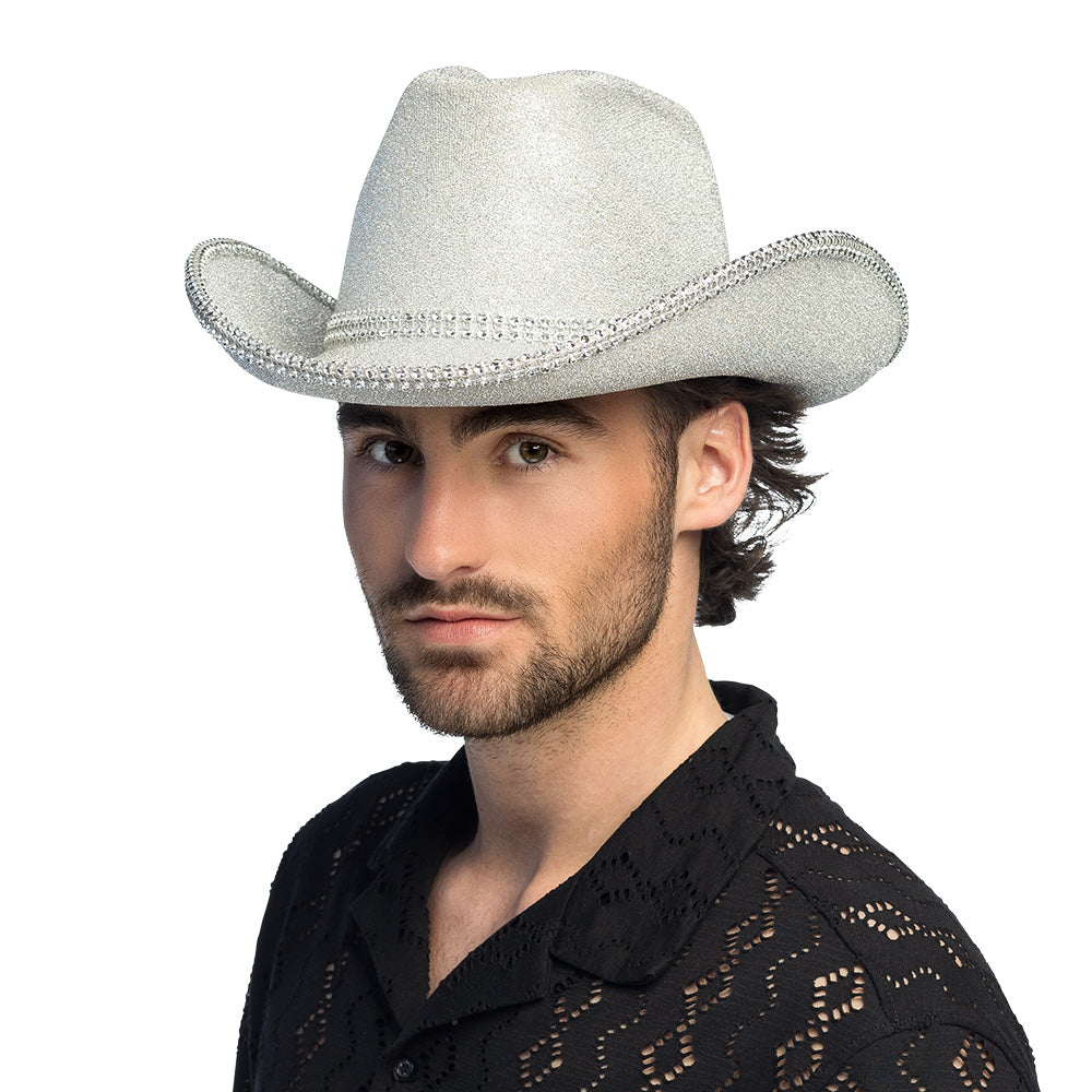 Chapeau Cowboy Blanc Strass Paillettes - Accessoire Fête Disco