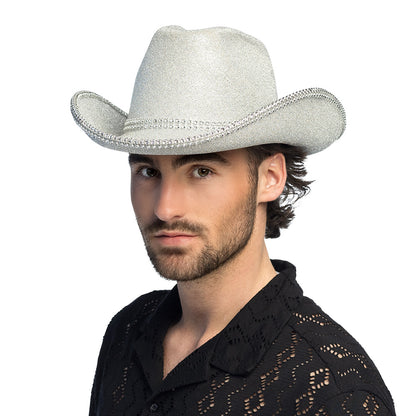 Chapeau Cowboy Blanc Strass Paillettes - Accessoire Fête Disco