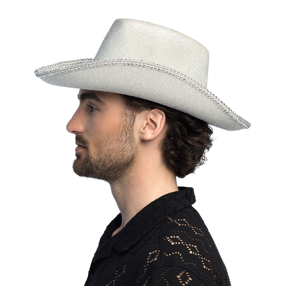 Chapeau Cowboy Blanc Strass Paillettes - Accessoire Fête Disco