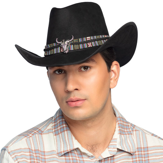 Chapeau Cowboy Noir avec Bande Ethnique et Crâne de Taureau