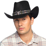 Chapeau Cowboy Noir avec Bande Ethnique et Crâne de Taureau