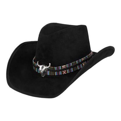 Chapeau Cowboy Noir avec Bande Ethnique et Crâne de Taureau