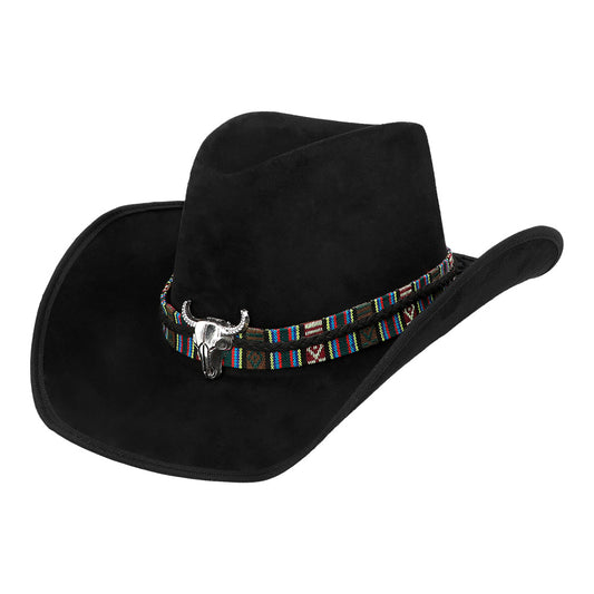 Chapeau Cowboy Noir avec Bande Ethnique et Crâne de Taureau