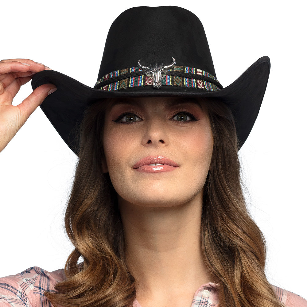 Chapeau Cowboy Noir avec Bande Ethnique et Crâne de Taureau