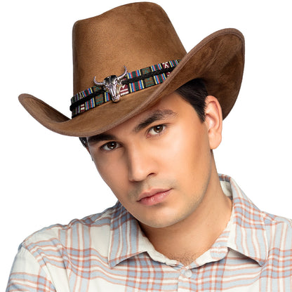 Chapeau Cowboy Marron Cuir avec Crâne de Taureau - Accessoire Western