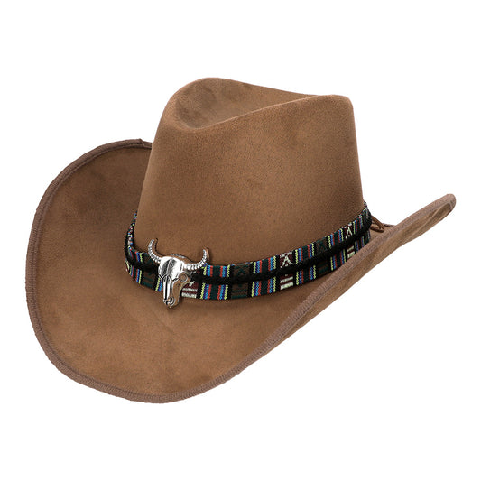 Chapeau Cowboy Marron Cuir avec Crâne de Taureau - Accessoire Western