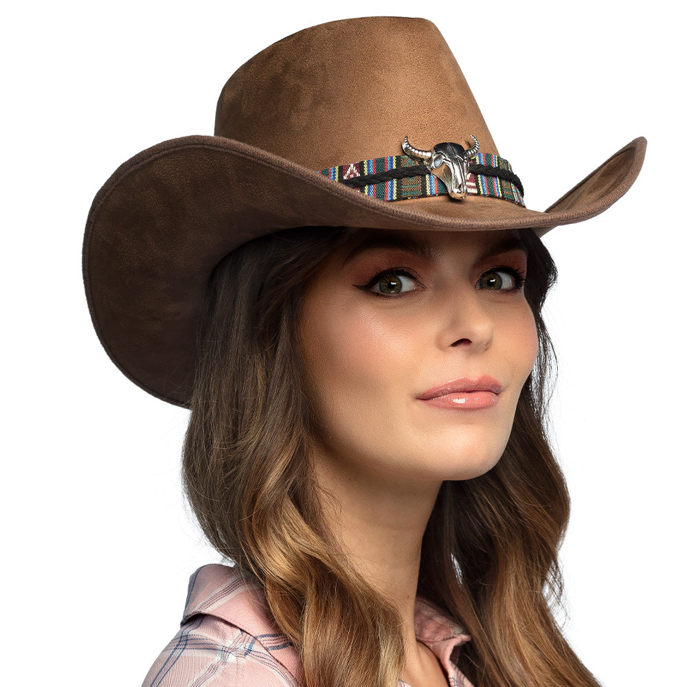Chapeau Cowboy Marron Cuir avec Crâne de Taureau - Accessoire Western