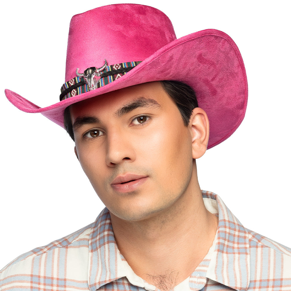 Chapeau Cowboy Rose Fuschia avec Décoration Ethnique