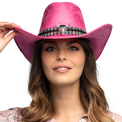 Chapeau Cowboy Rose Fuschia avec Décoration Ethnique