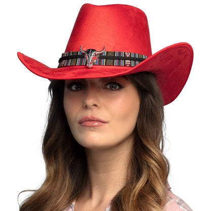 Chapeau Cow-boy Rouge Adulte avec Décoration Ethnique