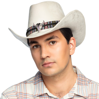 Chapeau Cowboy Blanc avec Bandeau Navajo et Crâne de Taureau