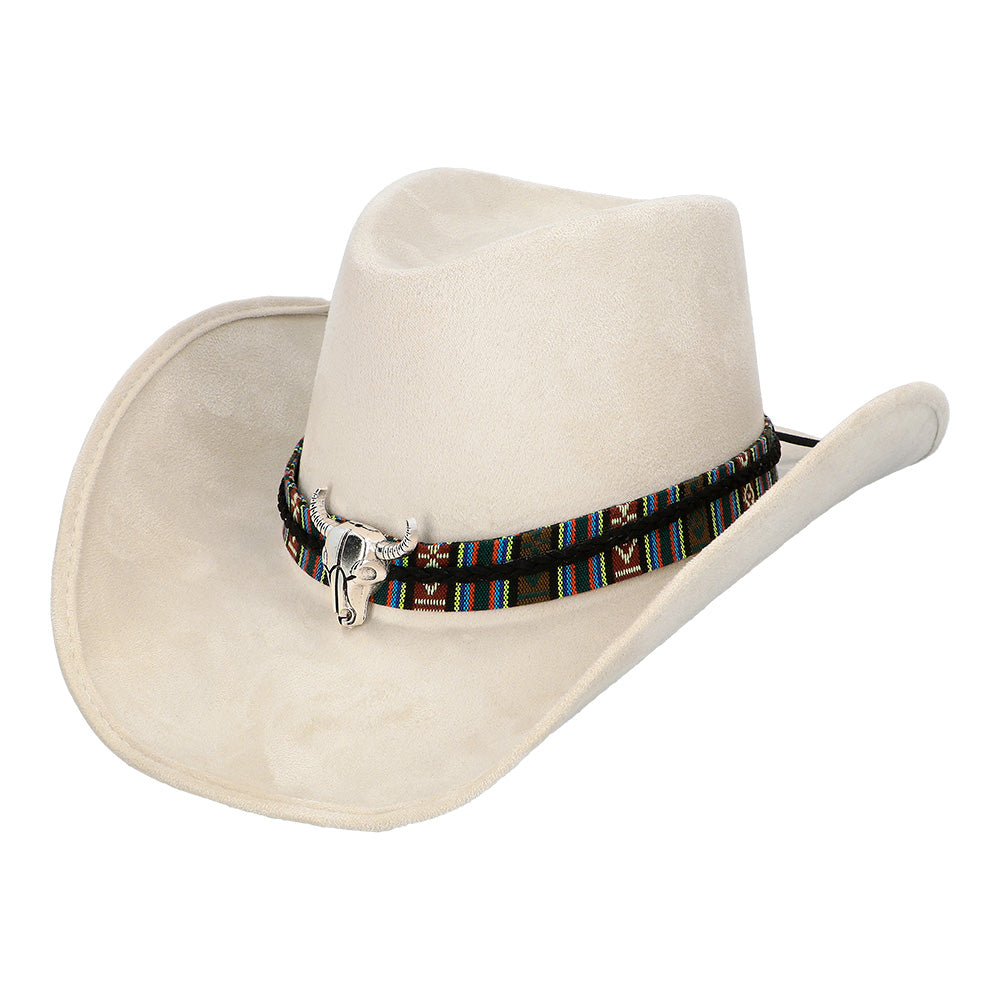 Chapeau Cowboy Blanc avec Bandeau Navajo et Crâne de Taureau