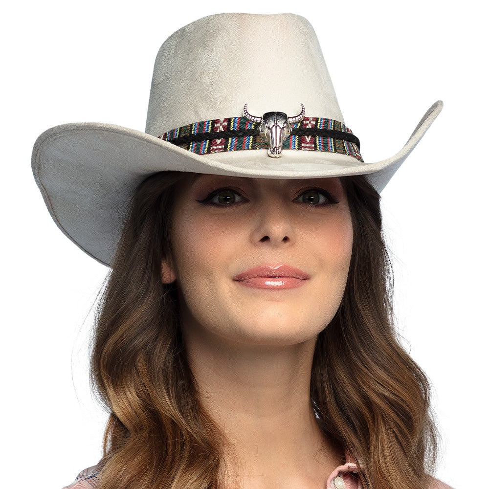 Chapeau Cowboy Blanc avec Bandeau Navajo et Crâne de Taureau