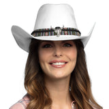 Chapeau Cowboy Blanc avec Ruban Ethnique et Crâne de Taureau