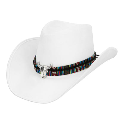 Chapeau Cowboy Blanc avec Ruban Ethnique et Crâne de Taureau