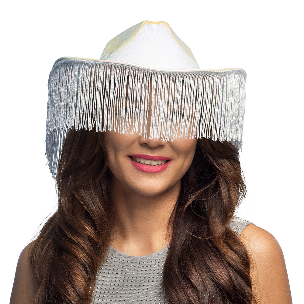 Chapeau Cowboy Blanc à Franges Irisées - Déguisement Festival