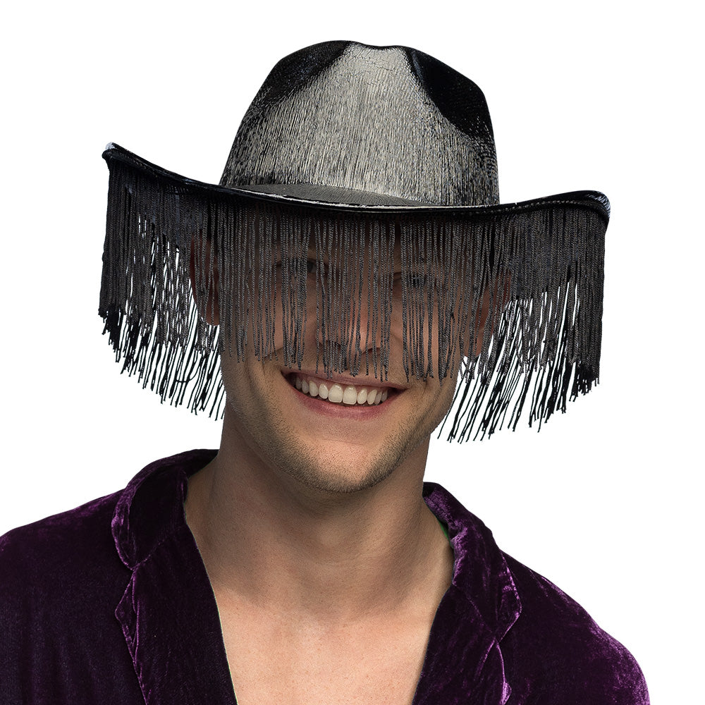Chapeau Cowboy Frangé Noir avec Voile - Déguisement Western