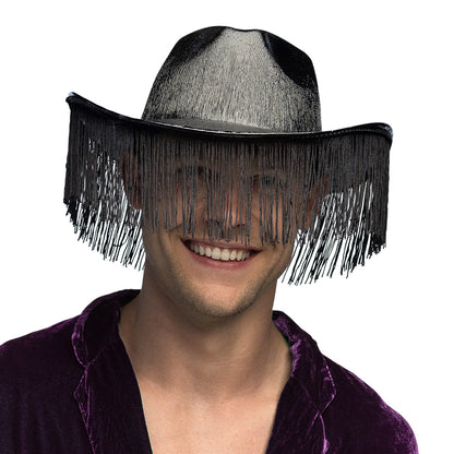 Chapeau Cowboy Frangé Noir avec Voile - Déguisement Western