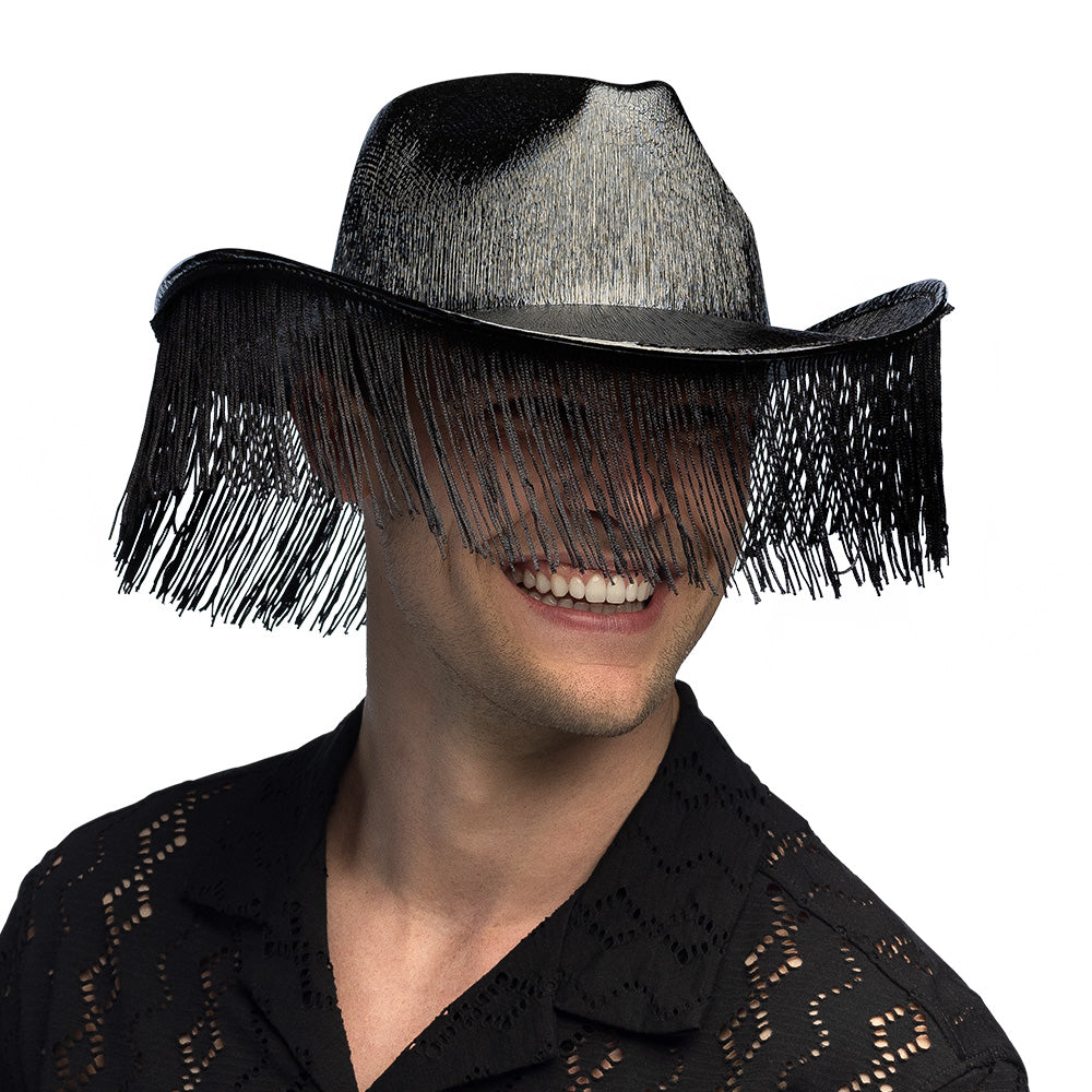 Chapeau Cowboy Frangé Noir avec Voile - Déguisement Western
