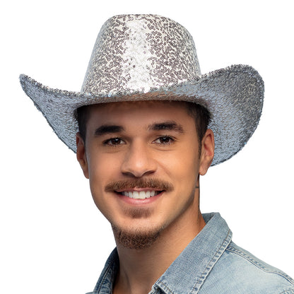 Chapeau Cow-boy Paillettes Argent - Déguisement Festival Western