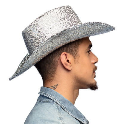 Chapeau Cow-boy Paillettes Argent - Déguisement Festival Western
