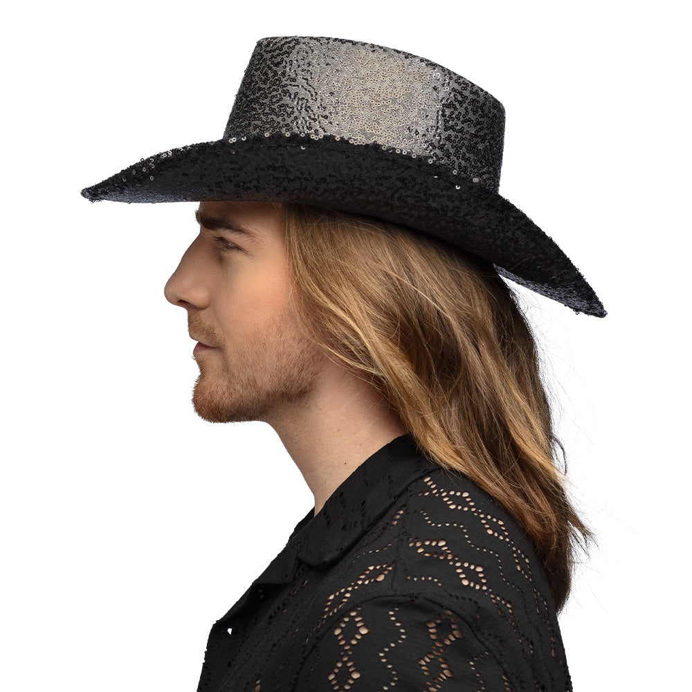 Chapeau Cowboy Paillettes Noir Adulte - Accessoire Déguisement