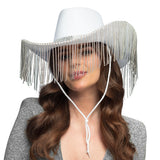 Chapeau Cow-boy Blanc Pailleté avec Frange Strass Argentée