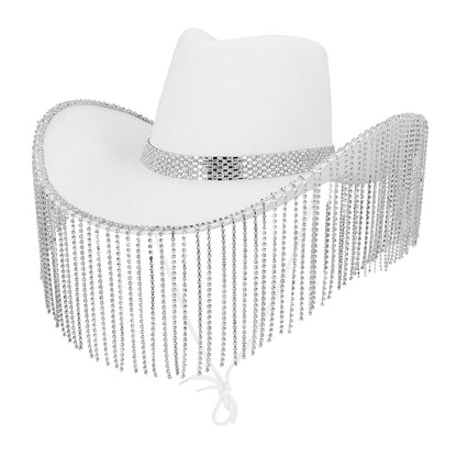 Chapeau Cow-boy Blanc Pailleté avec Frange Strass Argentée