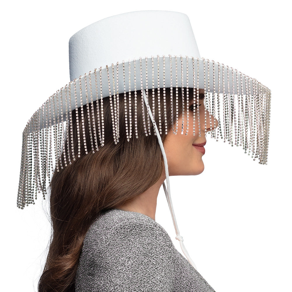 Chapeau Cow-boy Blanc Pailleté avec Frange Strass Argentée