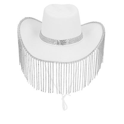 Chapeau Cow-boy Blanc Pailleté avec Frange Strass Argentée