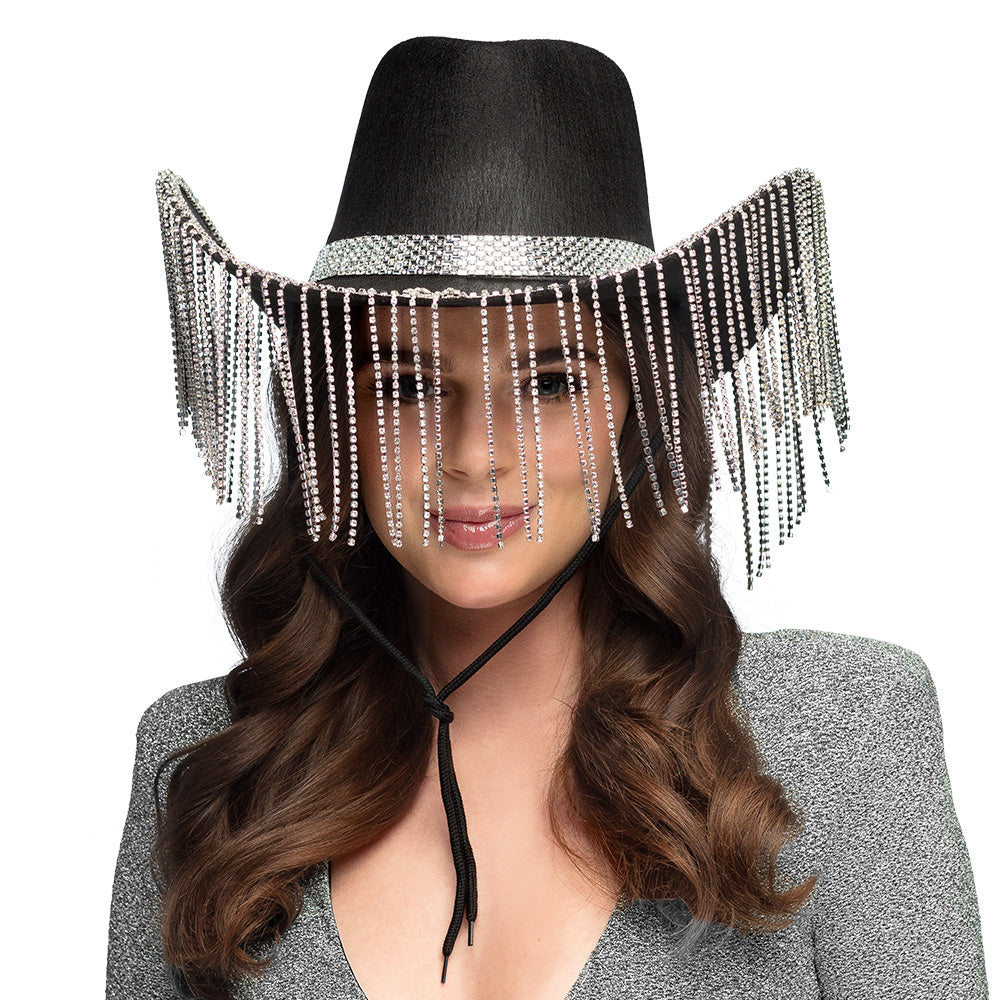 Chapeau Cowboy Frangé Pailleté Noir et Argent Adulte